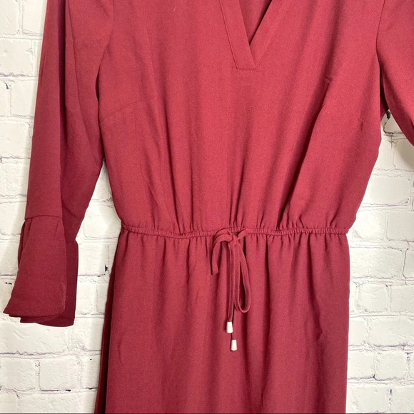 Maurices Wine Red V-Neck Tie Waist Flare Bell Sleeve Dress Size XS - Picture 3 of 12